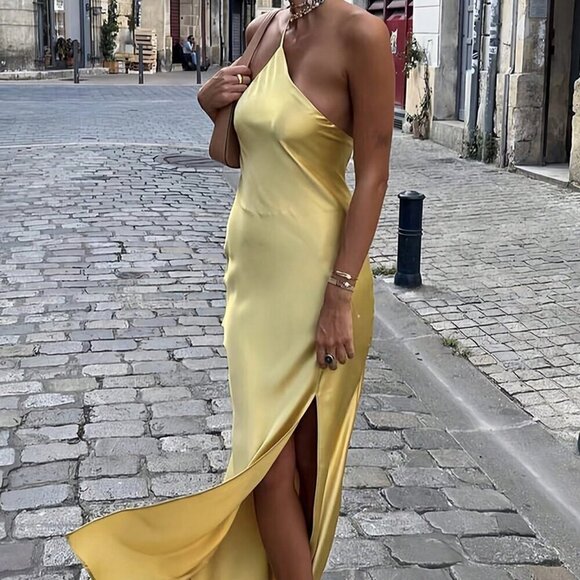 Dresses & Skirts - Yellow Sexy Women's Elegant One Shoulder Backless High Slit maxi Dress